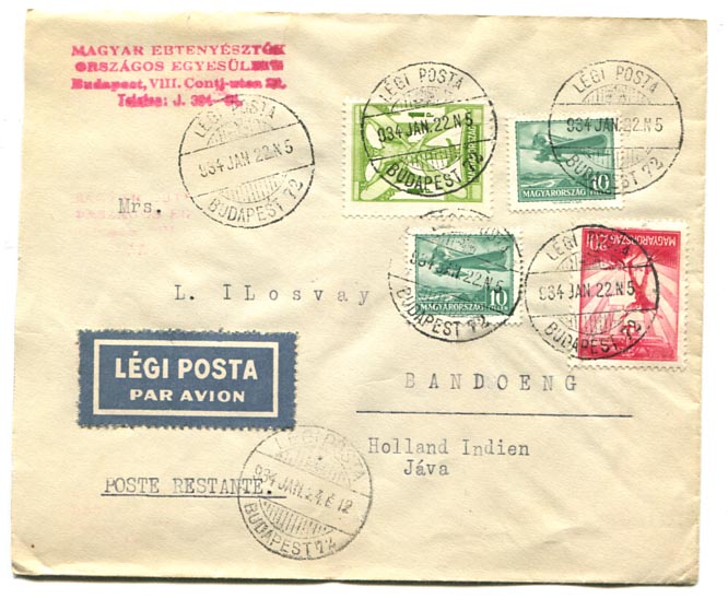 1934,01.22. Légiposta levél Bandoengba 1 P 40 f bérmentesítéssel. (alapdíj 40 f, pótdíj 1 P)