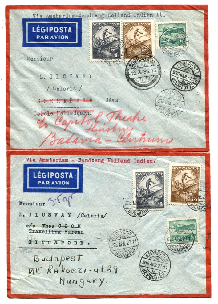 1936. 3 db 1 P 30 f bérmentesítésű légiposta levél Holland-Indiába + 1 db Szingapúrba. Utóbbit tovább küldték a feladó címére Budapestre.