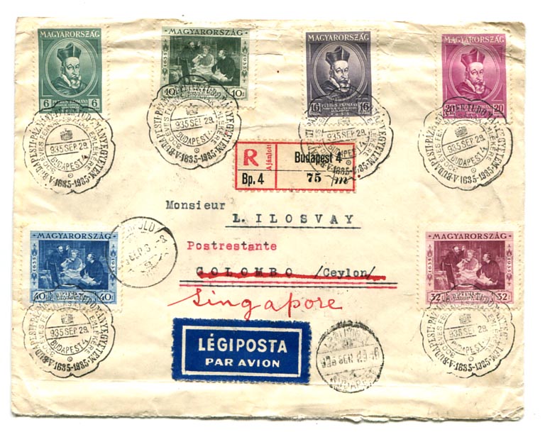 1935.09.29. Légiposta levél Pázmány sorral és hátoldali kiegészítéssel Colomboba (Ceylon), onnan tovább küldve Szingapúrba.