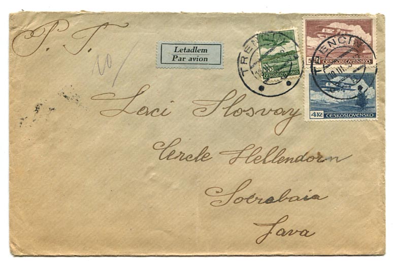1936. Légiposta levél Trencin–Soerabaya (Holland-India) 9 Kc 50 H bérmentesítéssel