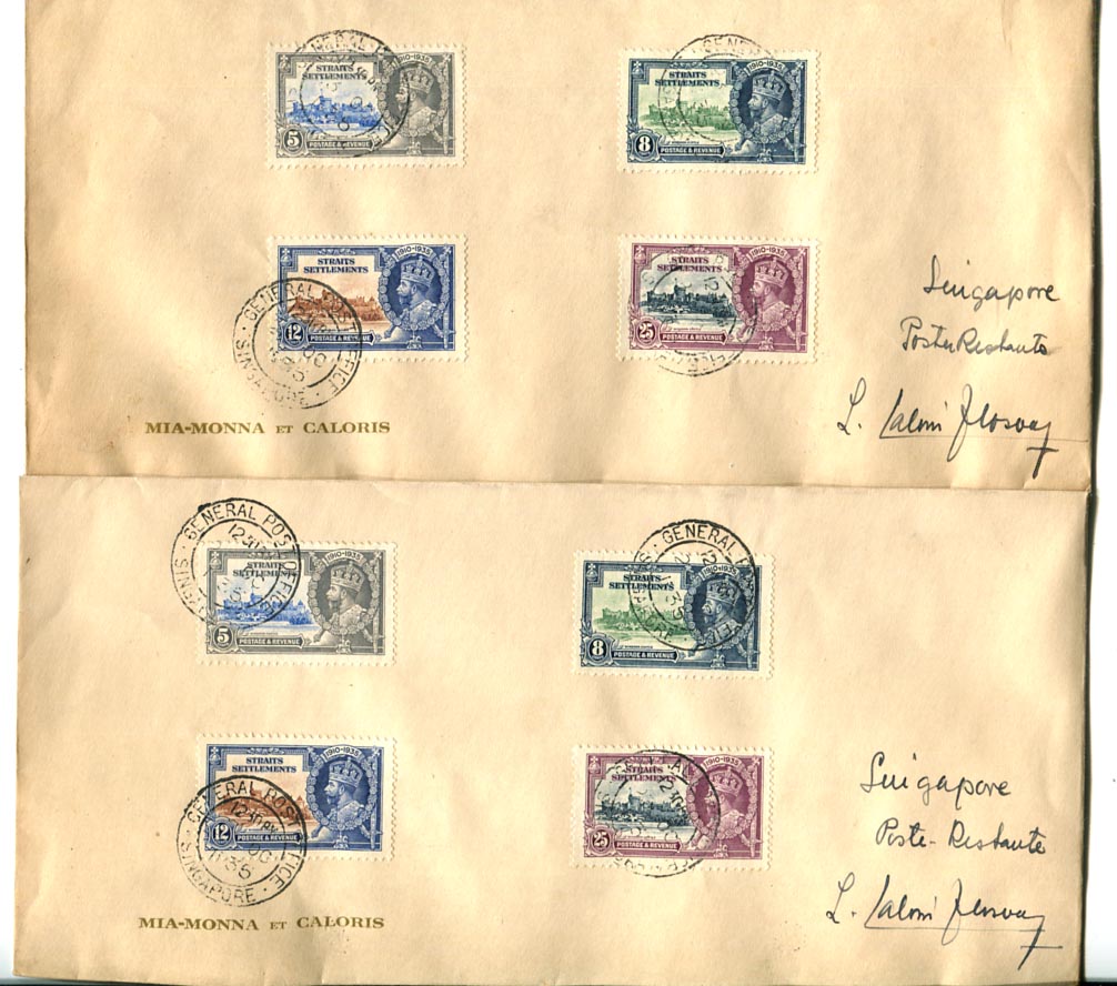 Straits Settlements. 1935. 25 éves jubileumi sor (Mi 188-191) 2 db helyi levélen (Szingapúr)