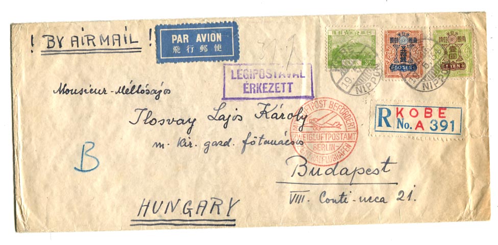 Japán. 1834. Légiposta levél Kobe–Berlin–Budapest