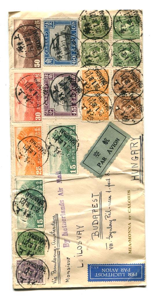 Kína. 1934.01.28. Dekoratív KLM légiposta levél Shanghai–Venezia–Wien–Budapest