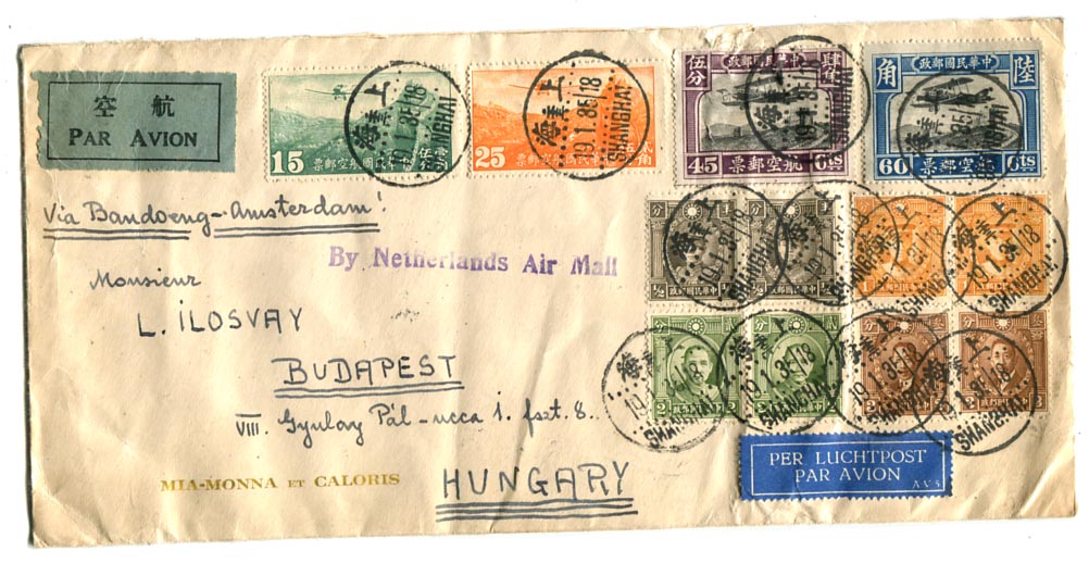 Kína. 1935.01.19. Dekoratív KLM légiposta levél Shanghai–Roma–Wien–Budapest