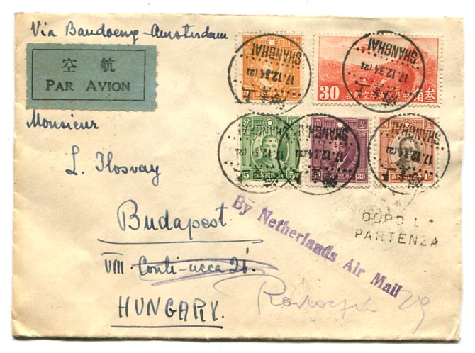 Kína. 1934.12.17. KLM légiposta levél, Shanghai–Budapest, 6 db átmenő bélyegzéssel, érkeztetve