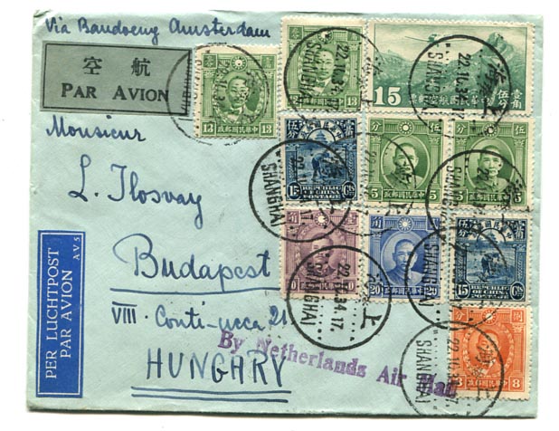Kína. 1934.10.22. Dekoratív KLM légiposta levél Shanghai–Venezia–Roma–Budapest