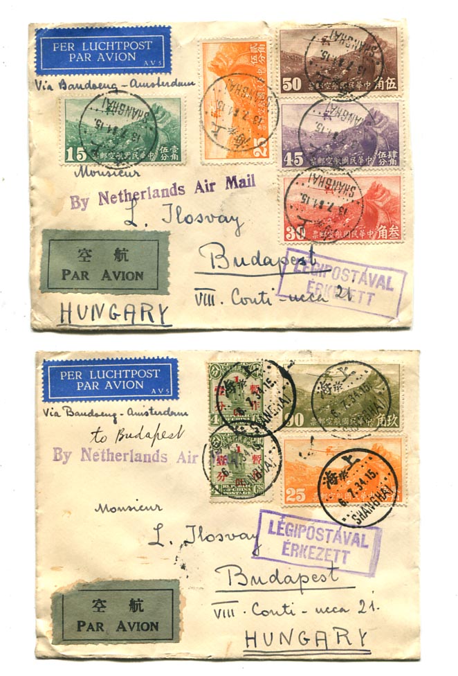 Kína. 1934. 2 db KLM légiposta levél Shanghai–Budapest
