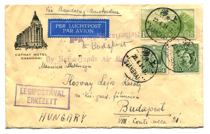 Kína. 1934.06.22. KLM légiposta levél Shanghai–Budapest