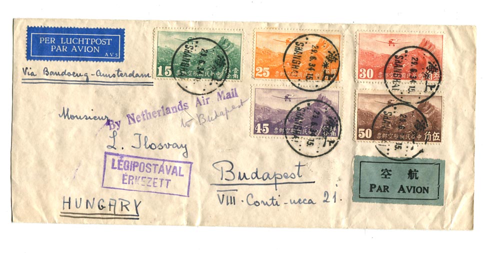 Kína. 1934.06.29. Légiposta levél Shanghai–Budapest