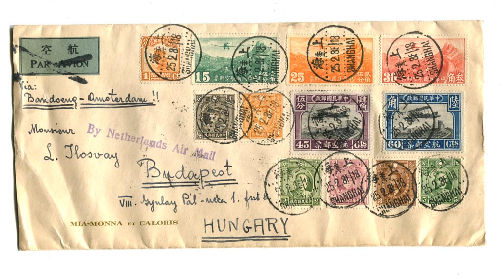 Kína. 1935.02.25. Légiposta levél Shanghai–Roma–Venezia–Wien–Budapest