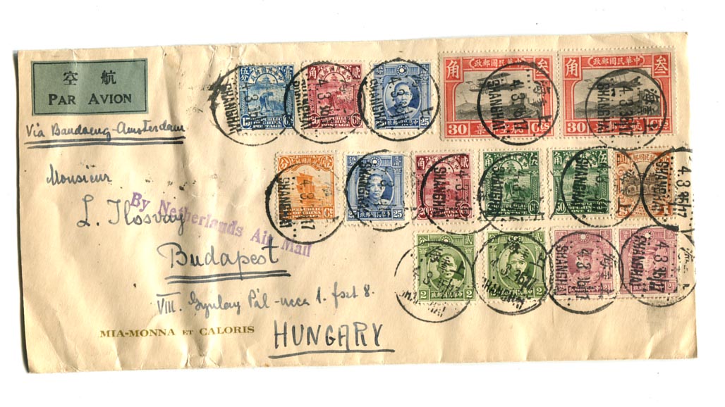 Kína. 1935.03.04. Légiposta levél Shanghai–Venezia–Wien–Budapest