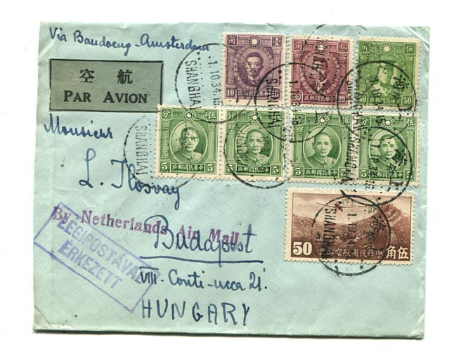 Kína. 1934.10.01. Légiposta levél Shanghai–Budapest