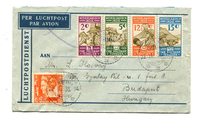 Holland-India. 1935.11.22. Légiposta levél Soerabaya–Budapest, alkalmi sorral