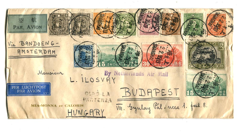 Kína. 1935.02.02. Dekoratív KLM légiposta levél Shanghai–Roma–Wien–Budapest