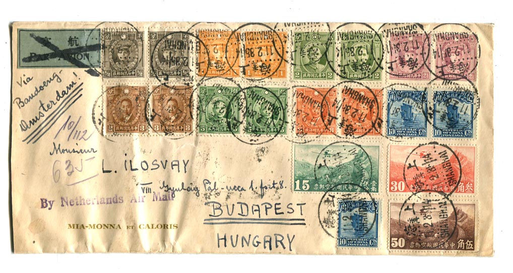 Kína. 1935.02.11. Dekoratív KLM légiposta levél Shanghai–Roma–Wien–Budapest