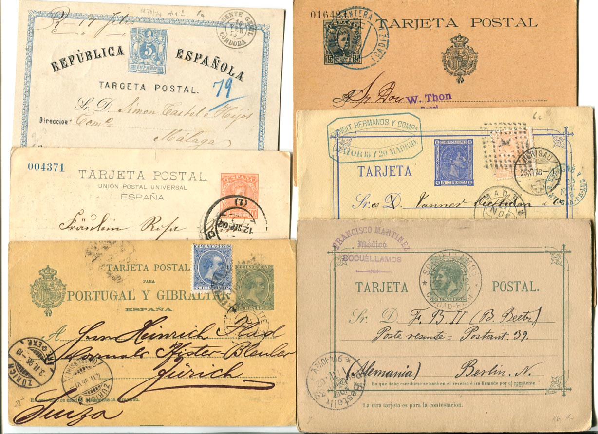 1875-től. 6 db díjjegyes küldemény: 4 levelezőlap, 2 válaszos levelezőlap
