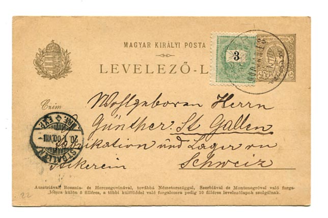 1900.jan.18. 4 f-es díjjegyes levlap 3 kr díjkiegészítéssel Svájcba