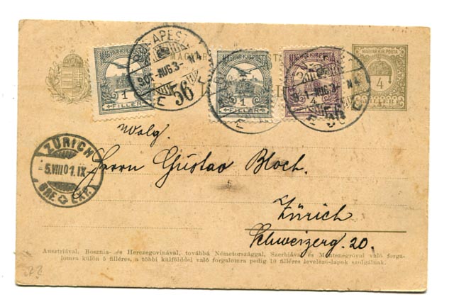 1901. 4 f-es díjjegyes levlap 4+2x1 f díjkiegészítéssel Svájcba