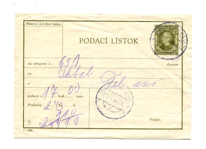 1939. Szlovák díjjegyes táviratfeladási nyugta