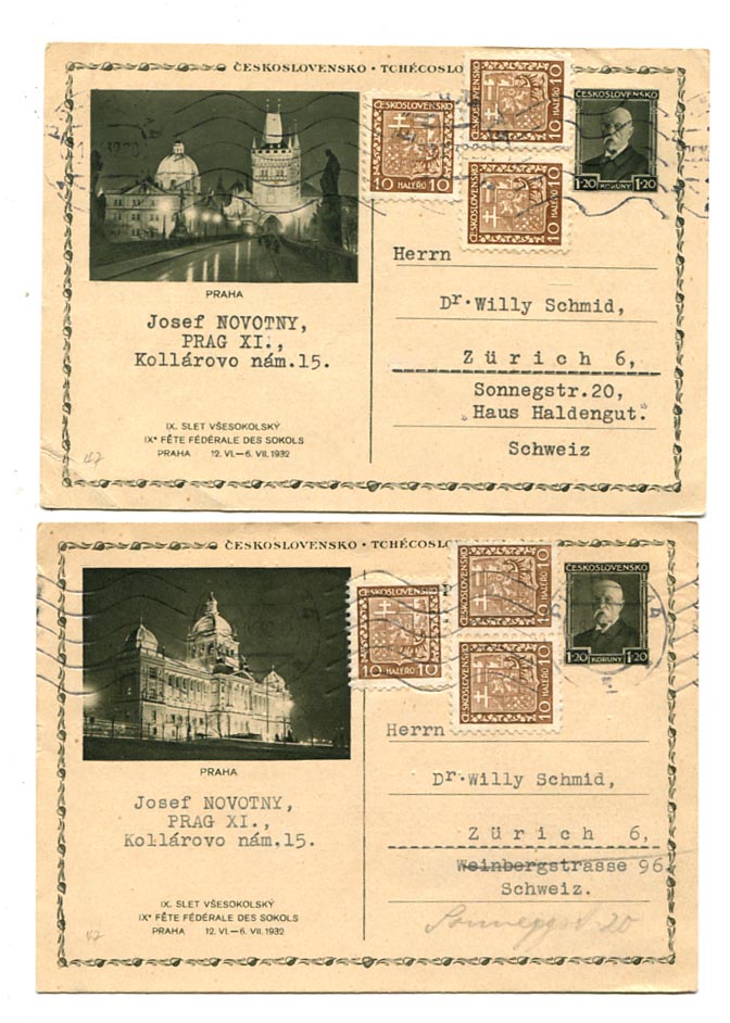 1932. 2 db IX. Sokol 1 K 20 H látképes díjjegyes levelezőlap
