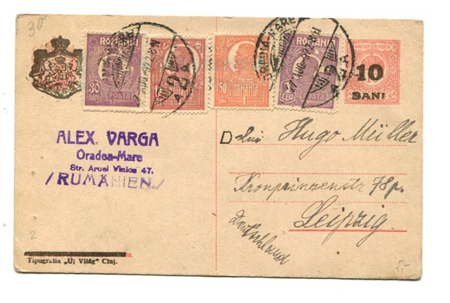 1922. Kolozsvári felülnyomású magyar díjjegyes levlap 4-színű díjkiegészítéssel Leipzig-be