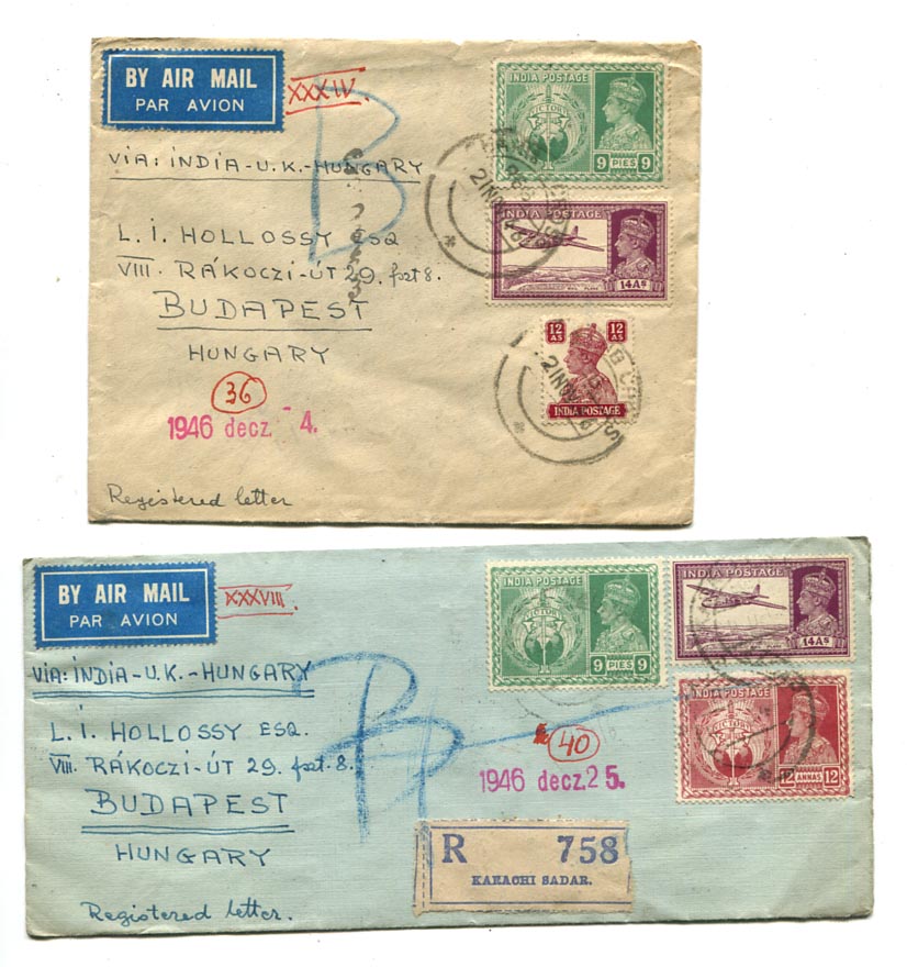 India. 1946.11. 2 db ajánlott légiposta levél Budapestre