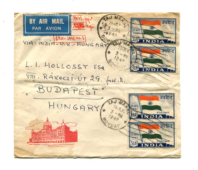 India. 1948.07.28. Légiposta levél Bombay–Budapest