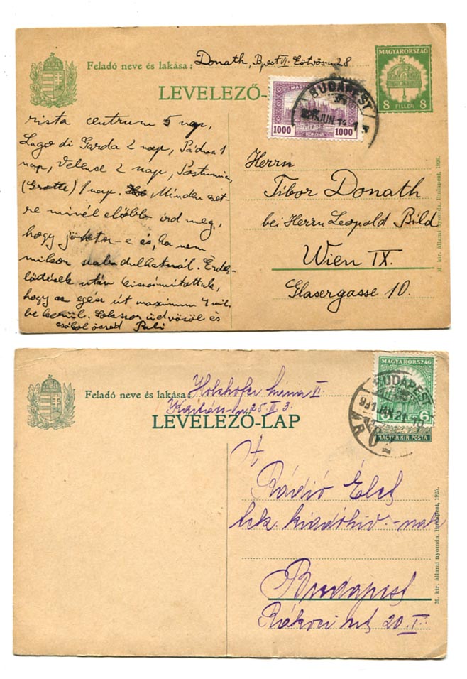 1926.06.03. 8 f-es díjjegyes levlap 1000 K kiegészítéssel Bécsbe + 0-díjjegyes lap 6 f-es bélyeggel (1931.01.)