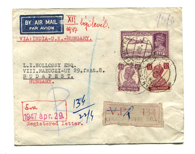 India. 1947.04. Ajánlott légiposta levél Carachi–Budapest