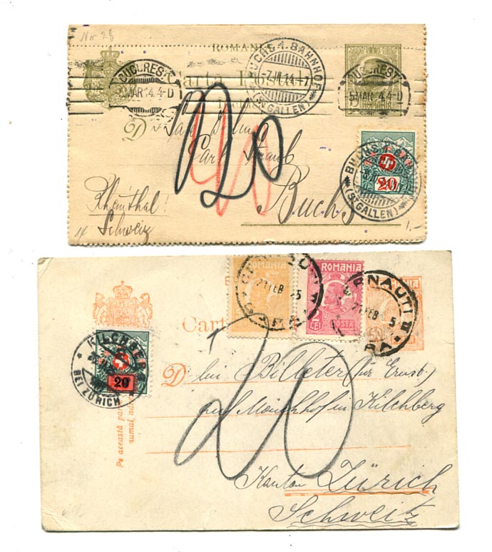 1914/25. 2 db díjjegyes küldemény 20-20 Rp svájci portóval