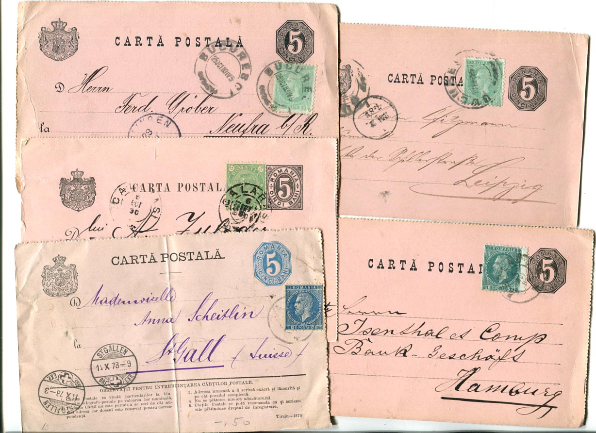 1878/82/83/84/90. 5 db 5 Bani díjjegyes levelezőlap 5 Bani díjkiegészítésekkel