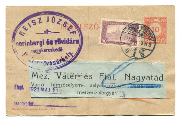 1921. Díjkiegészített díjjegyes levlap hódmezővásárhelyi kereskedő cégbélyegzésével Nagyatádra