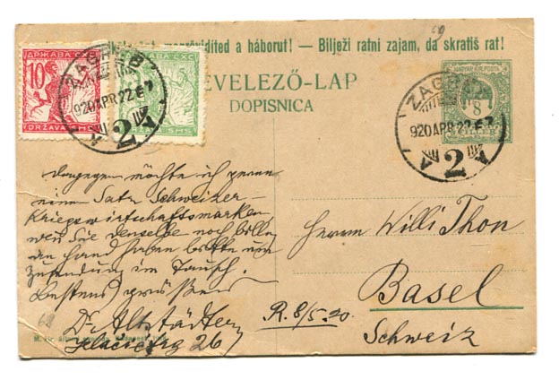 1920.04.22. Magyar-horvát nyelvű hadikölcsön levlap SHS lánctépő bélyegekkel, Zágráb–Basel (Hod80)
