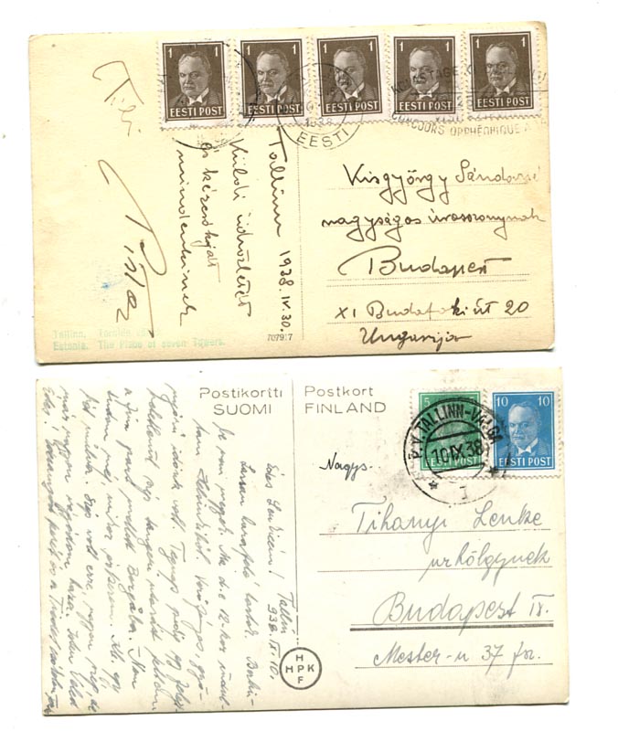 1938. 2 db Budapestre küldött képeslap
