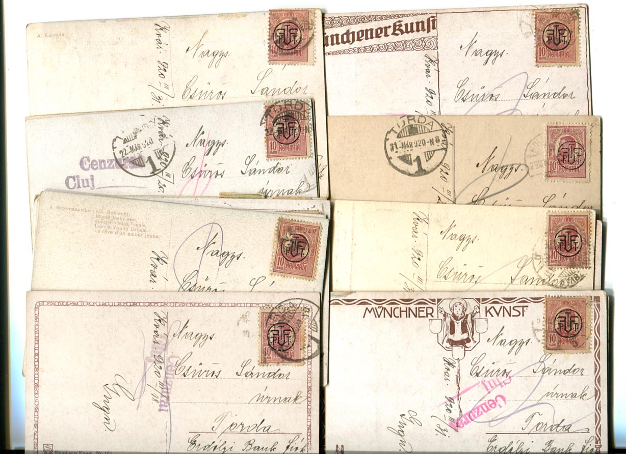 1920. 28 db képeslap Cluj cenzúrabélyegzéssel, azonos címre küldve