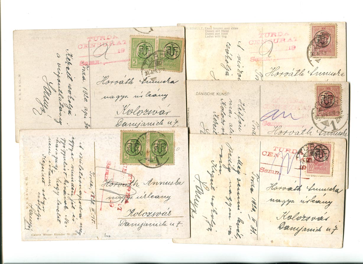 1920. 5 db képeslap Turda cenzúrabélyegzéssel