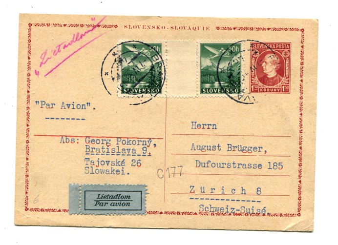 1944. Díjkiegészített szlovák (1 Kc 50 H) díjjegyes levlap légipostával Zürichbe