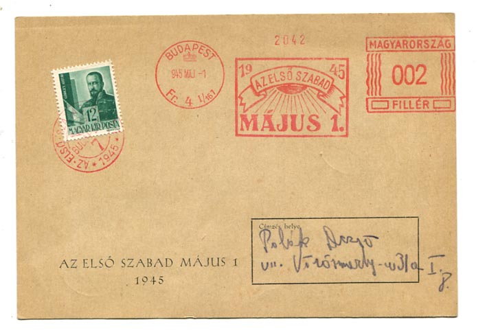 1945. május 1. Alkalmi Francotyp és alkalmi bélyegzés nyomtatványon