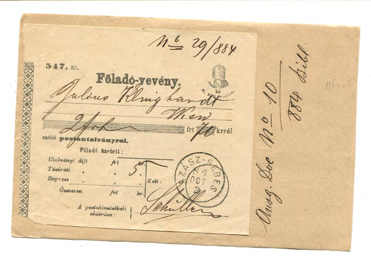 IBK – 1884. Föladó-vevény 2 Ft 70 kr-ról szóló postautalványról (Szász-Sebes)
