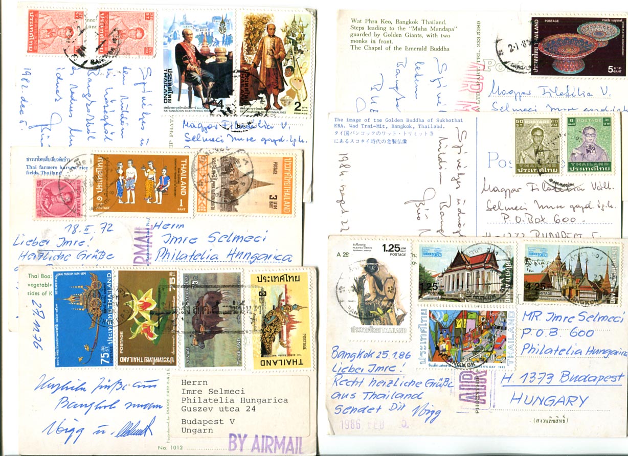 Thaiföld. 1972-86. 10 db képeslap Budapestre, képes bélyegekkel
