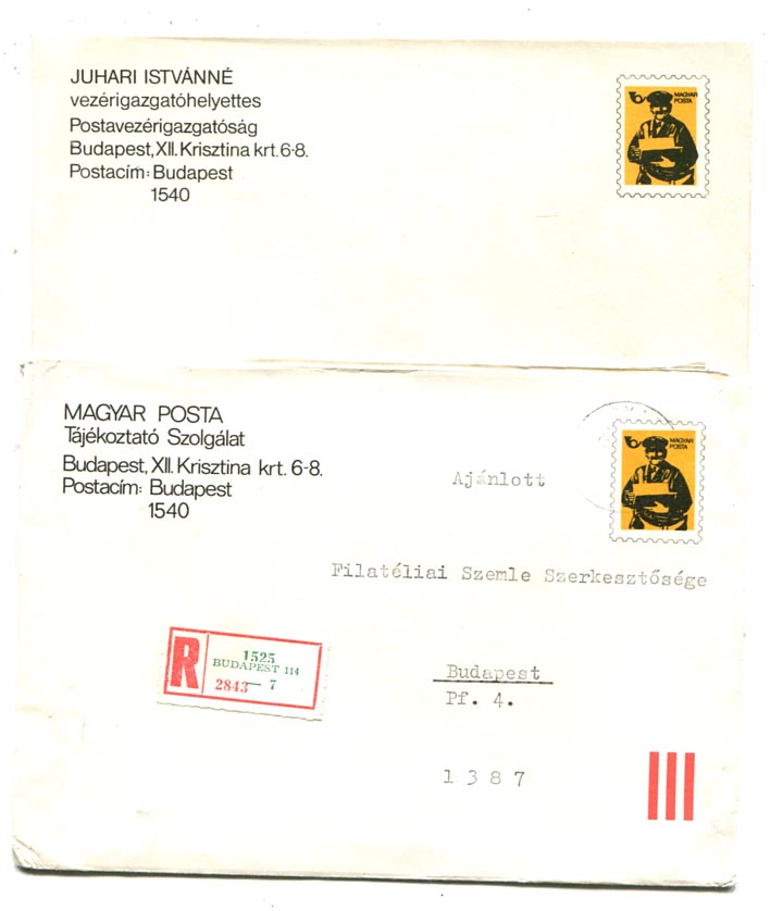 2 db postaszolgálati boríték: Juhari Istvánné (használatlan); Tájékoztató szolgálat (ajánlott)