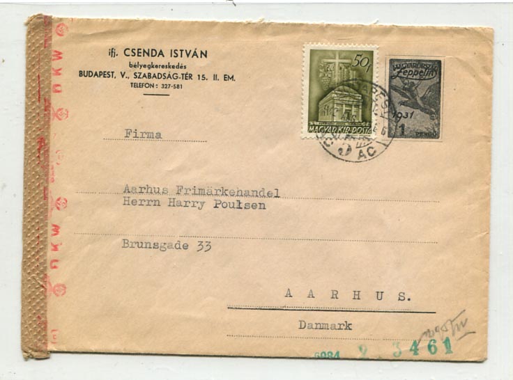 1942. Bélyegkereskedő áldíjjegyes üzleti borítékja, cenzúrázva, Dániába küldve.