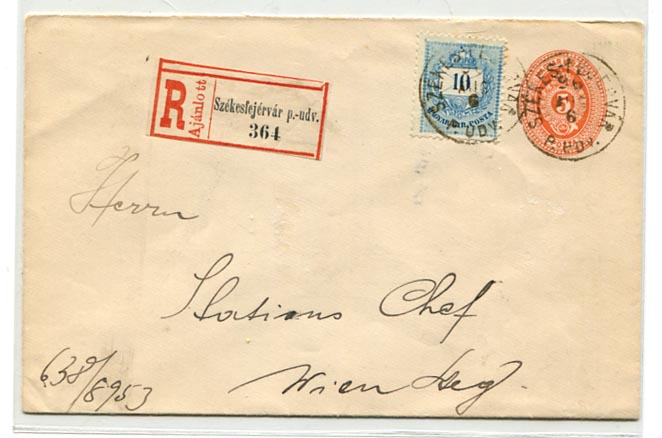 1896.07.06. 5 kr-os díjjegyes boríték 10 kr ajánlott kiegészítéssel Székesfehérvár p.-udv. – Wien