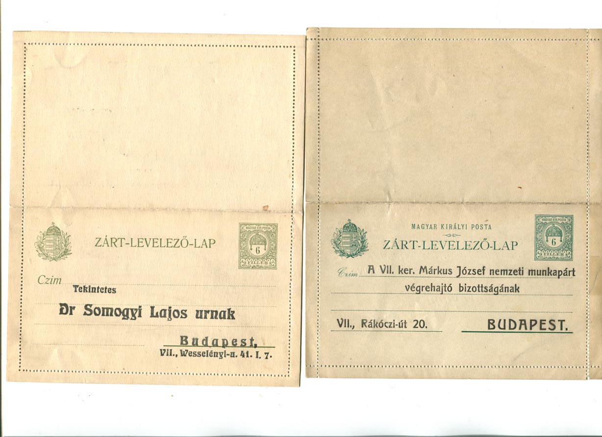 2 db 6 f-es (Hod 11; 18) előnyomott címzéssel és belső szöveggel