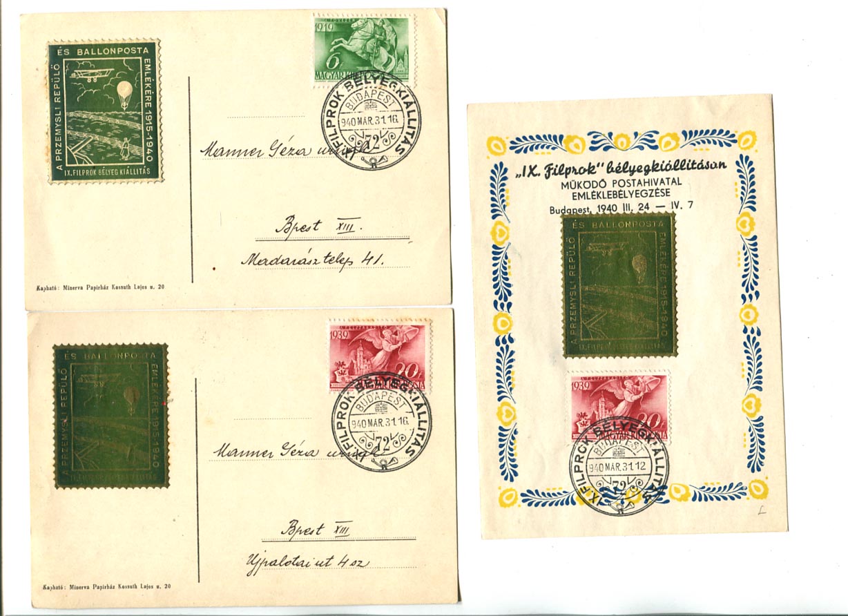 1940.03.31. 2 levlap, 1 emléklap IX. Filprok alkalmi bélyegzéssel, Przemysl-i ballonposta alkalmi bélyeggel