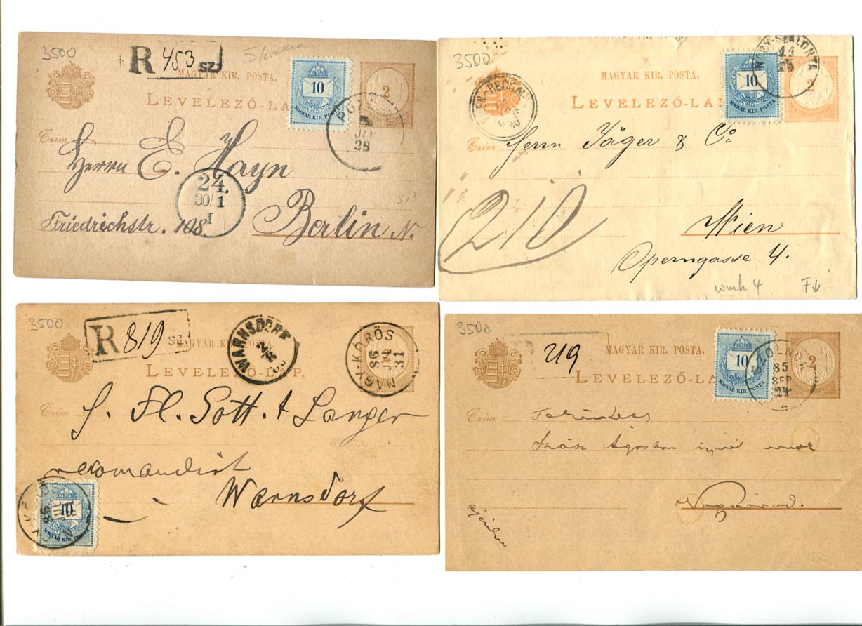 IBK – 1880/85/86/89. 4 db 2 kr-os díjjegyes levelezőlap 10 kr ajánlási díjkiegészítéssel (Pozsony, Nagy-Szalonta, Szolnok, Nagy-Kőrös feladóhelyi bélyegzésekkel)