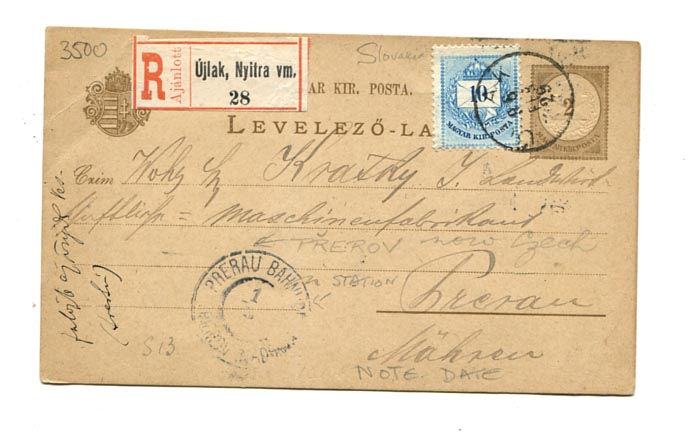 IBK – 1896. 2 kr-os díjjegyes levlap 10 kr ajánlási díjkiegészítéssel, Újlak, Nyitra vm. ragjeggyel