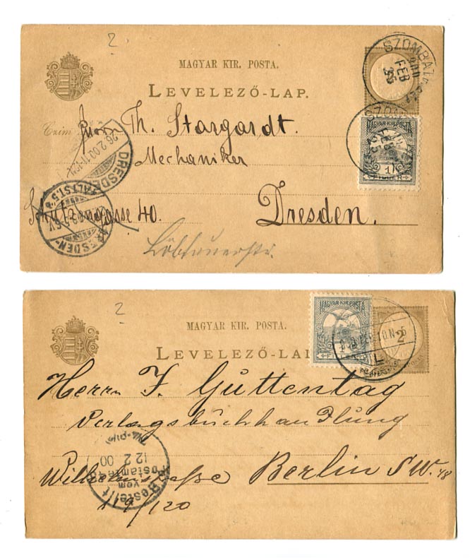 IBK – 1900.02.10/25. 2 db 2 kr-os díjjegyes levlap 1 f Turul kiegészítéssel Németországba (Pécs, Szombathely)