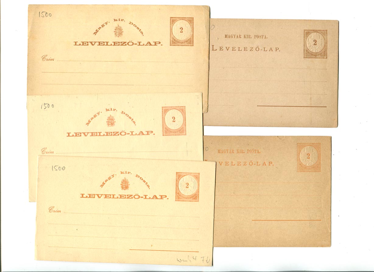 IBK – 5 db használatlan 2 kr-os levlap, vegyes tétel: vj. 2, 2 db vj. IV., vj. VII.; vj. nélkül