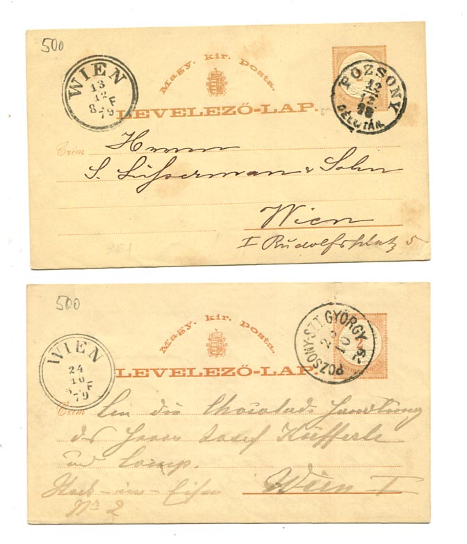 IBK – 2 db 2 kr-os levelezőlap szép bélyegzésekkel (Pozsony; Pozsony-Szentgyörgy)